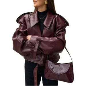⭐ THLAI Women's PU Leather Motorcycle Jacket Retro Oversized Biker Coat